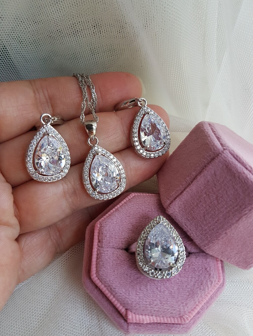 Swarovski Elements 925 Sterling Silver Large White Teardrop Halo Necklace NEW - Picture 10 of 12